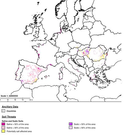 Distribucin de suelos afectados por salinizacin en Europa, IES-2009